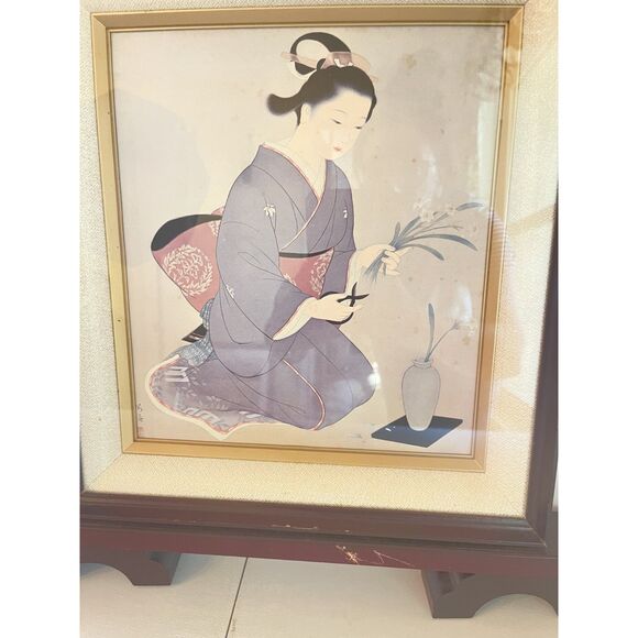 VTG Japanese Wall Decor Art Print Kimono Ikebana Flowers Framed Geisha Sign Seal - Picture 6 of 13